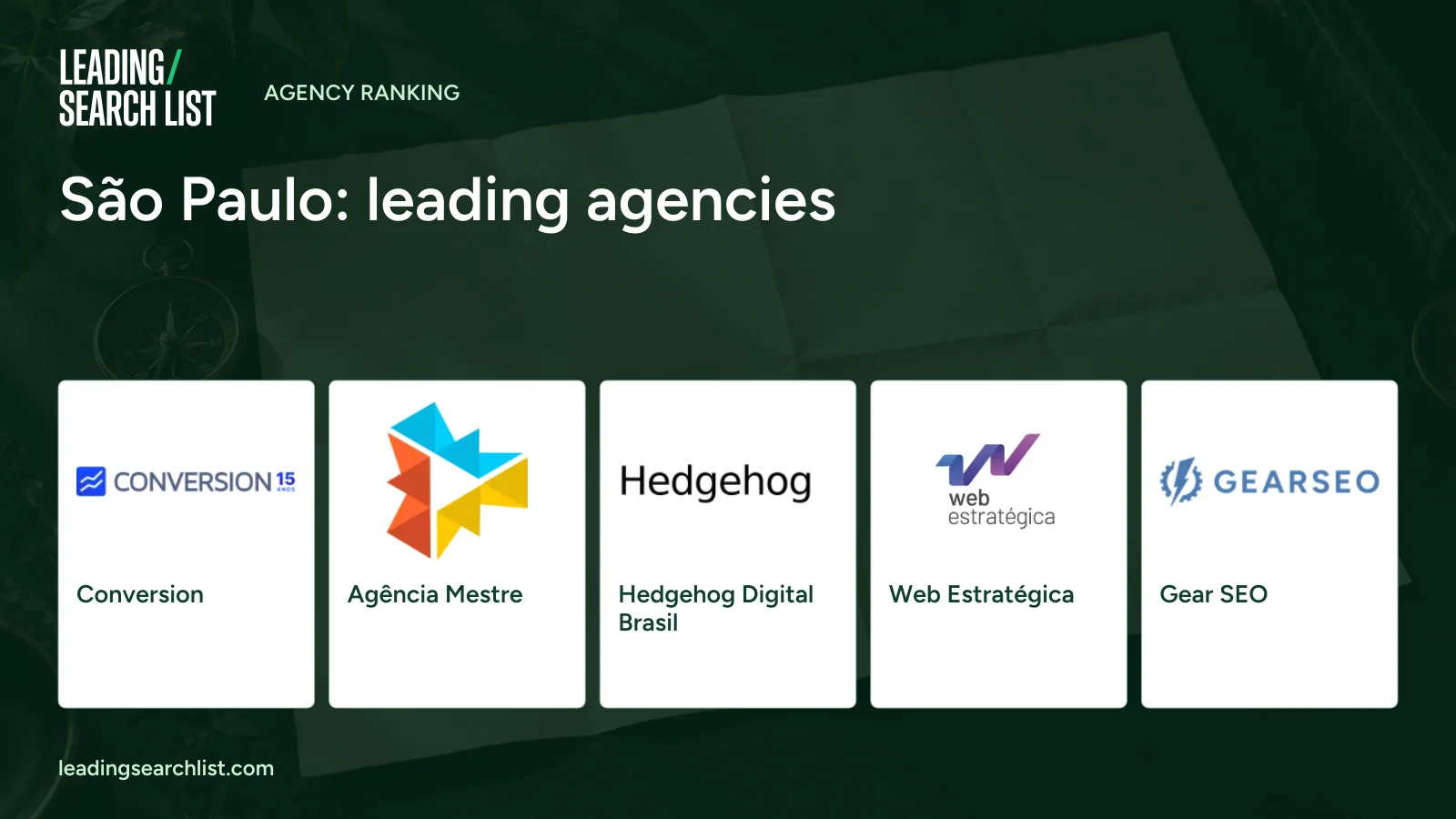 São Paulo: leading agencies. Logos shown: Conversion, Agência Mestre, Hedgehog Digital Brasil, Web Estratégica, Gear SEO. Leading Search List.