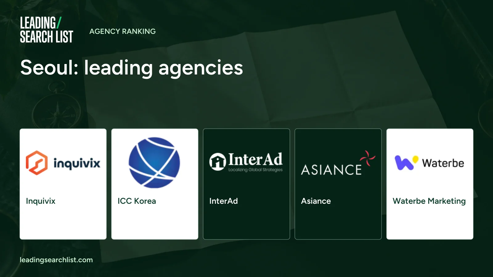 Seoul: leading agencies. Logos shown: Inquivix, ICC Korea, InterAd, Asiance, Waterbe Marketing. Leading Search List.