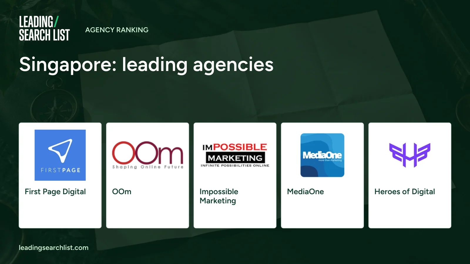 Singapore: leading agencies. Logos shown: First Page Digital, OOm, Impossible Marketing, MediaOne, Heroes of Digital. Leading Search List.
