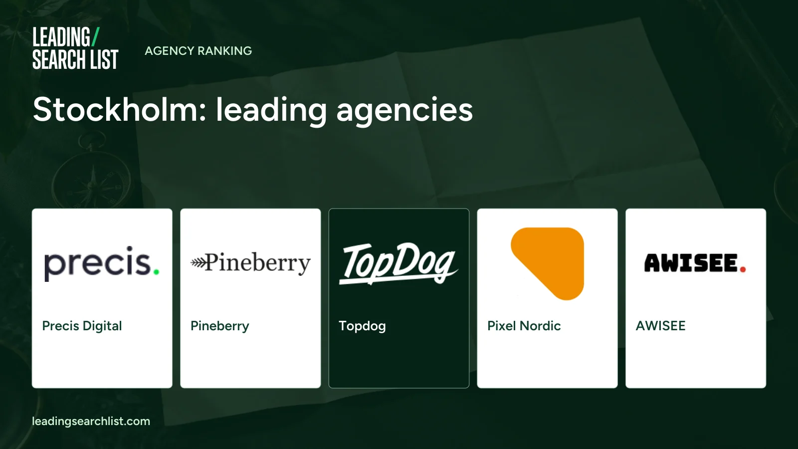 Stockholm: leading agencies. Logos shown: Precis Digital, Pineberry, Topdog, Pixel Nordic, AWISEE. Leading Search List.