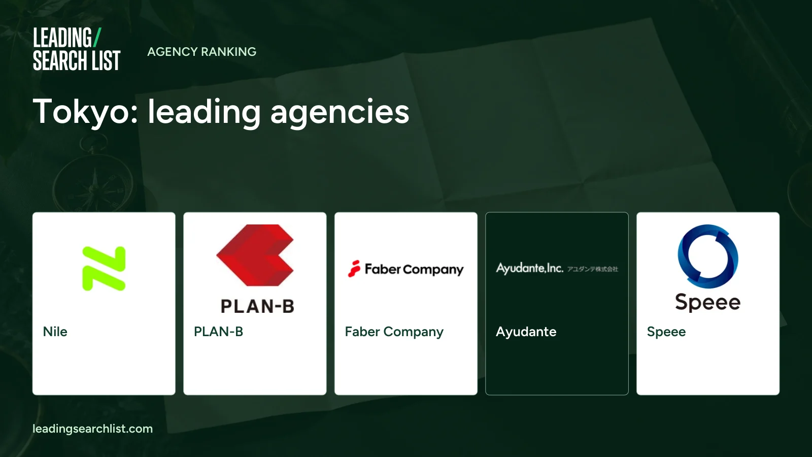 Tokyo: leading agencies. Logos shown: Nile, PLAN-B, Faber Company, Ayudante, Speee. Leading Search List.