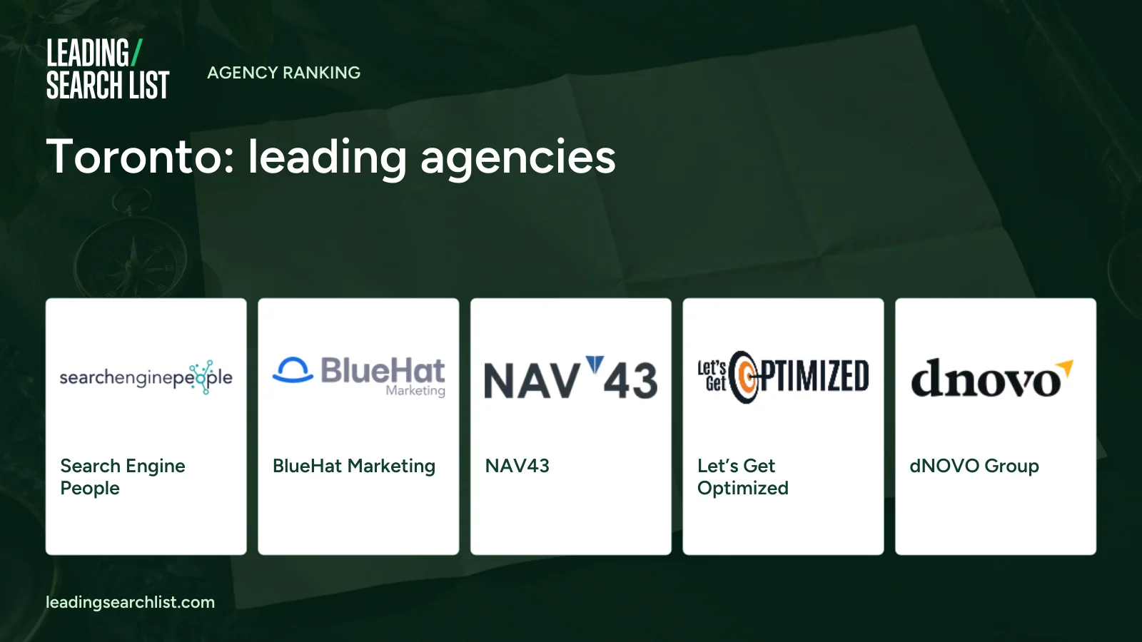 Toronto: leading agencies. Logos shown: Search Engine People, BlueHat Marketing, NAV43, Let’s Get Optimized, dNOVO Group. Leading Search List.
