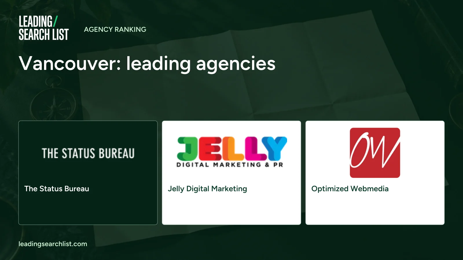 Vancouver: leading agencies. Logos shown: The Status Bureau, Jelly Digital Marketing, Optimized Webmedia. Leading Search List.