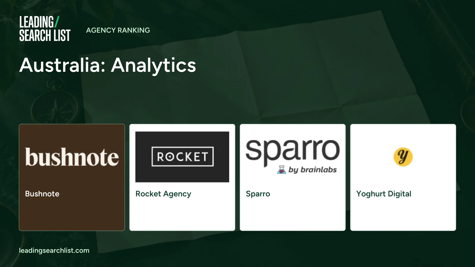 Australia: Analytics. Logos shown: Bushnote, Rocket Agency, Sparro, Yoghurt Digital. Leading Search List.