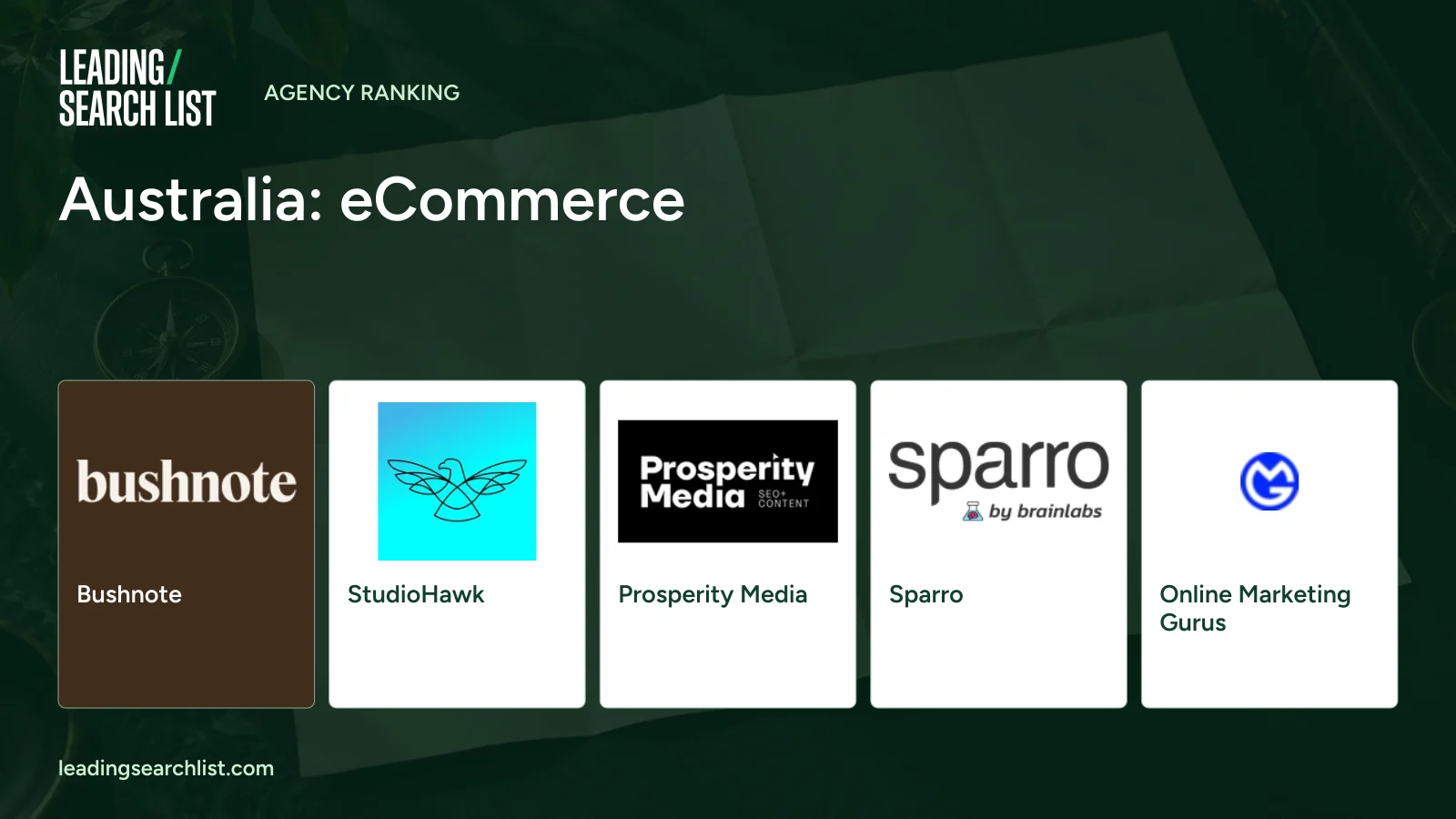 Australia: eCommerce. Logos shown: Bushnote, StudioHawk, Prosperity Media, Sparro, Online Marketing Gurus. Leading Search List.