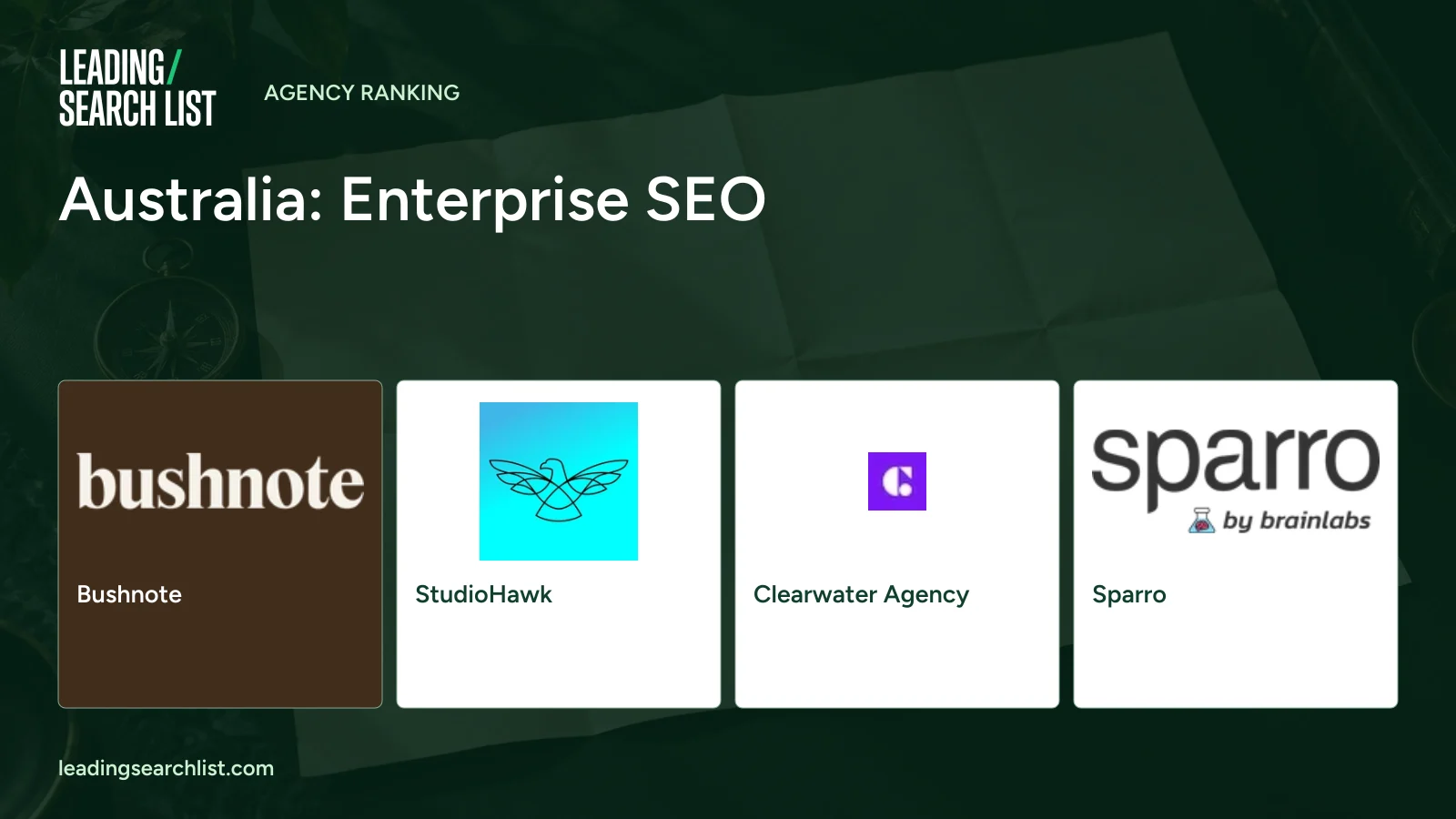 Australia: Enterprise SEO. Logos shown: Bushnote, StudioHawk, Clearwater Agency, Sparro. Leading Search List.