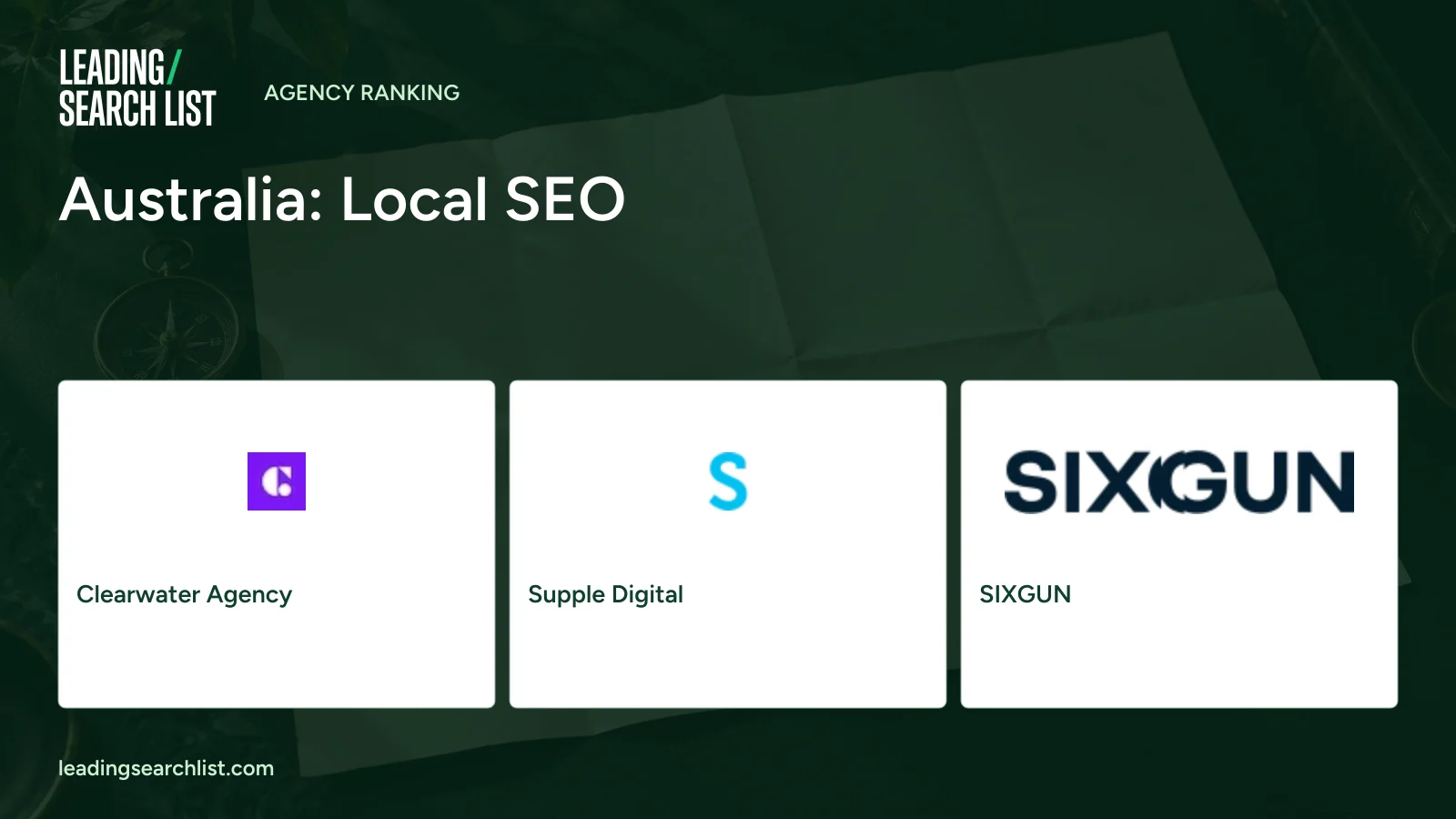 Australia: Local SEO. Logos shown: Clearwater Agency, Supple Digital, SIXGUN. Leading Search List.