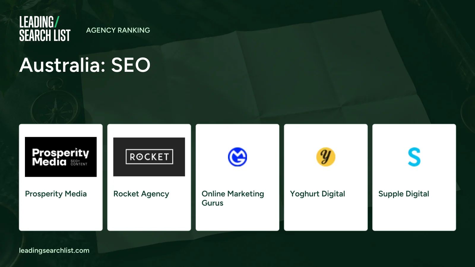 Australia: SEO. Logos shown: Prosperity Media, Rocket Agency, Online Marketing Gurus, Yoghurt Digital, Supple Digital. Leading Search List.