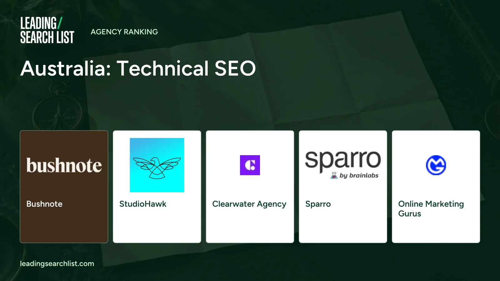 Australia: Technical SEO. Logos shown: Bushnote, StudioHawk, Clearwater Agency, Sparro, Online Marketing Gurus. Leading Search List.