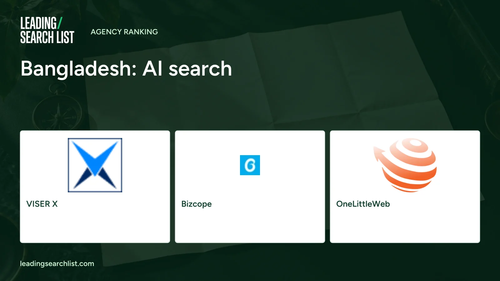 Bangladesh: AI search. Logos shown: VISER X, Bizcope, OneLittleWeb. Leading Search List.
