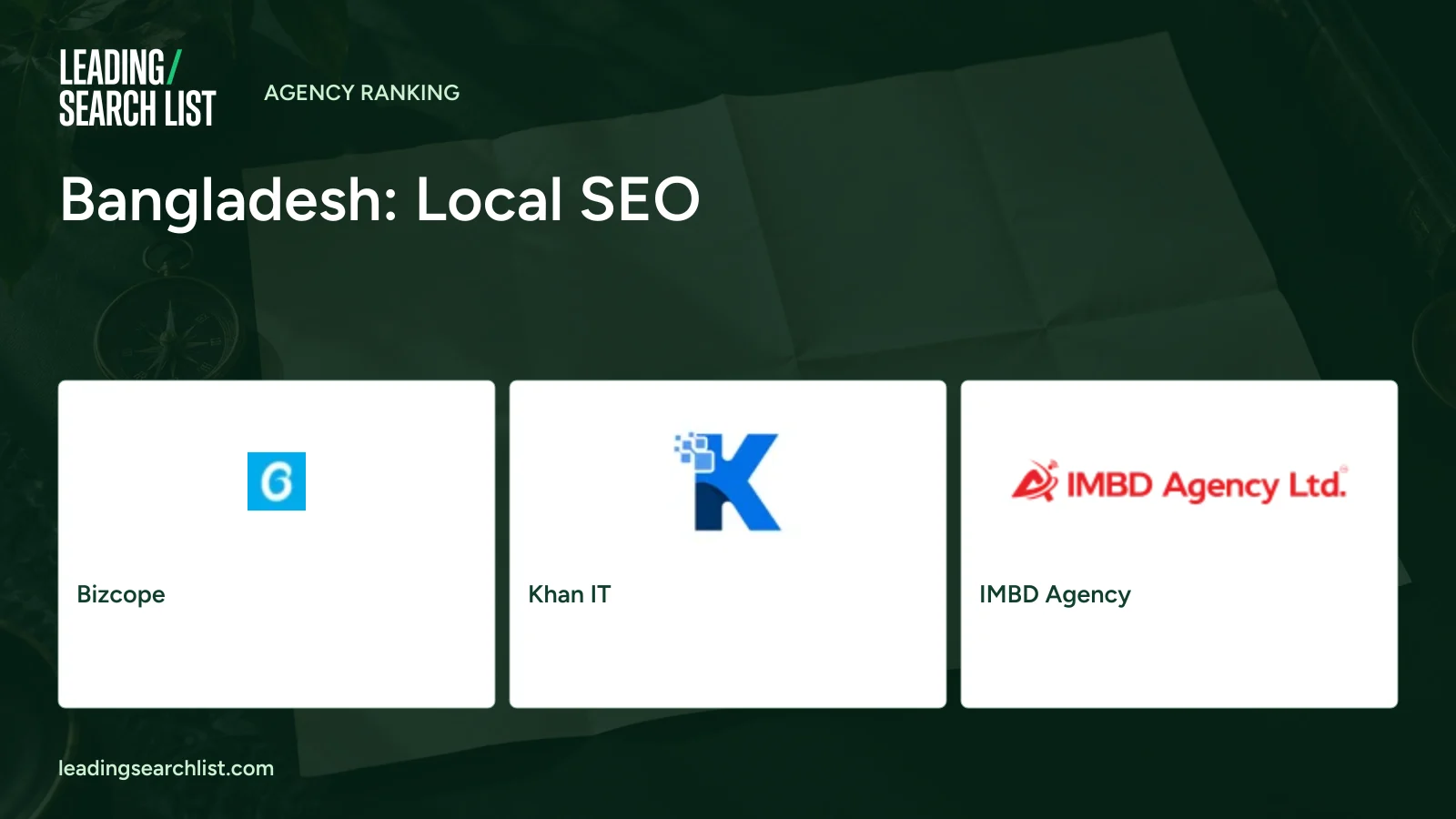 Bangladesh: Local SEO. Logos shown: Bizcope, Khan IT, IMBD Agency. Leading Search List.