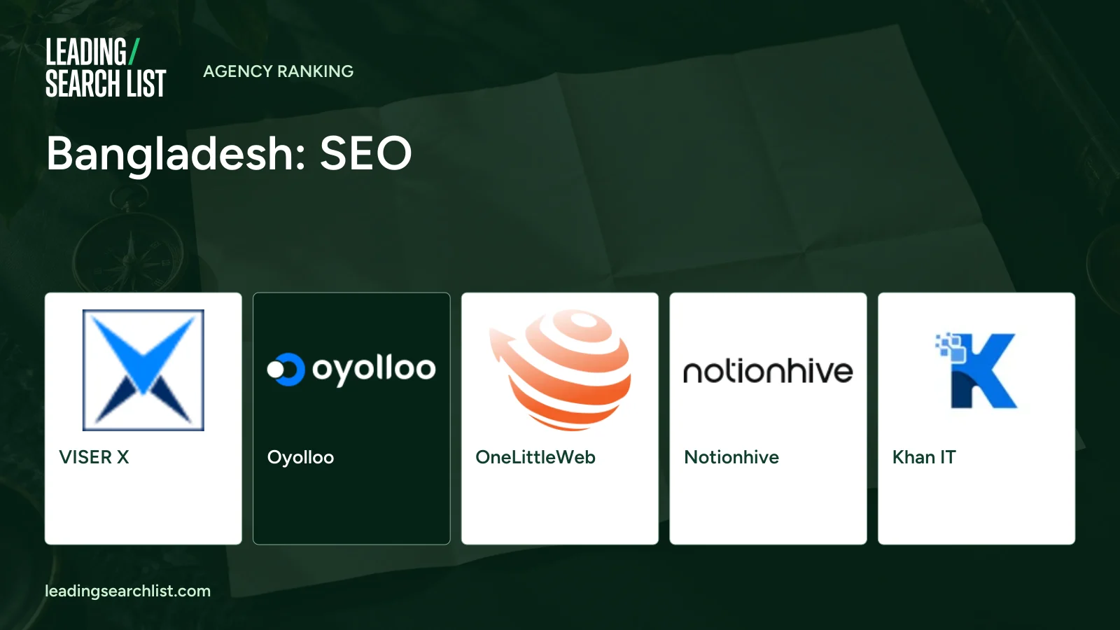 Bangladesh: SEO. Logos shown: VISER X, Oyolloo, OneLittleWeb, Notionhive, Khan IT. Leading Search List.