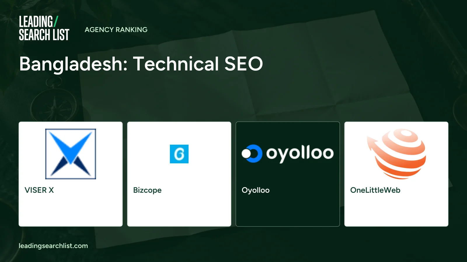Bangladesh: Technical SEO. Logos shown: VISER X, Bizcope, Oyolloo, OneLittleWeb. Leading Search List.
