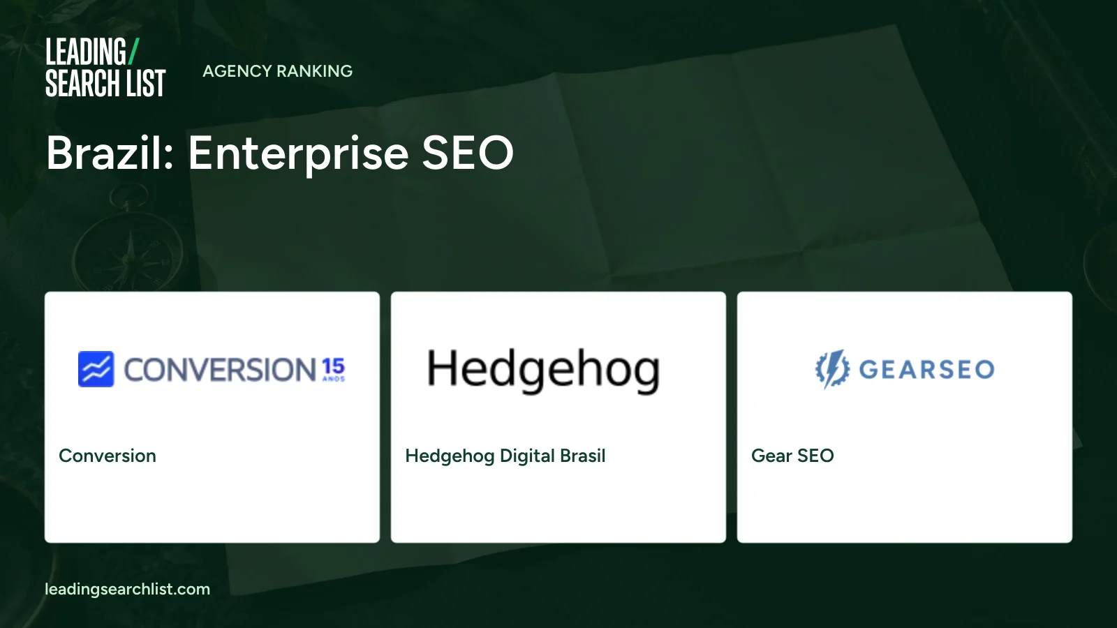 Brazil: Enterprise SEO. Logos shown: Conversion, Hedgehog Digital Brasil, Gear SEO. Leading Search List.