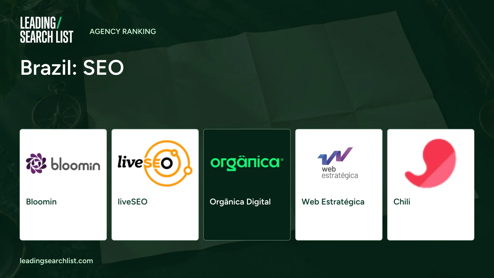 Brazil: SEO. Logos shown: Bloomin, liveSEO, Orgânica Digital, Web Estratégica, Chili. Leading Search List.