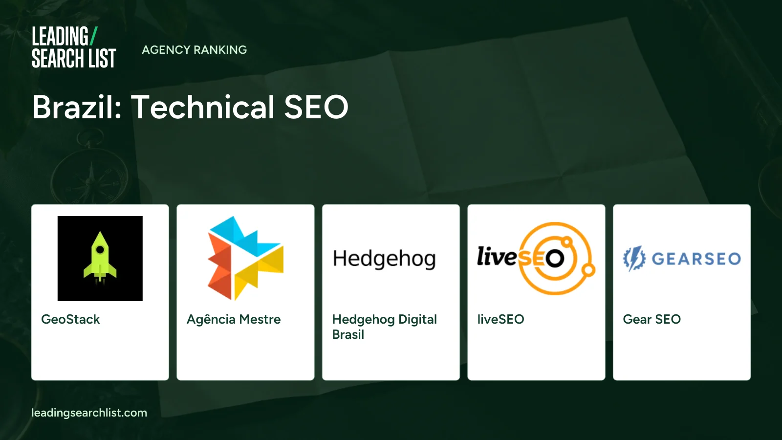 Brazil: Technical SEO. Logos shown: GeoStack, Agência Mestre, Hedgehog Digital Brasil, liveSEO, Gear SEO. Leading Search List.