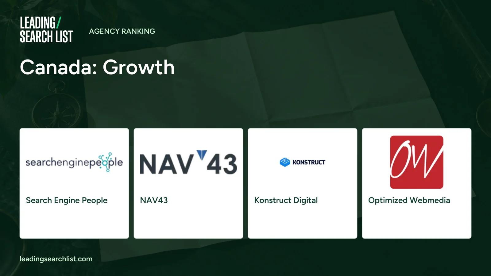 Canada: Growth. Logos shown: Search Engine People, NAV43, Konstruct Digital, Optimized Webmedia. Leading Search List.