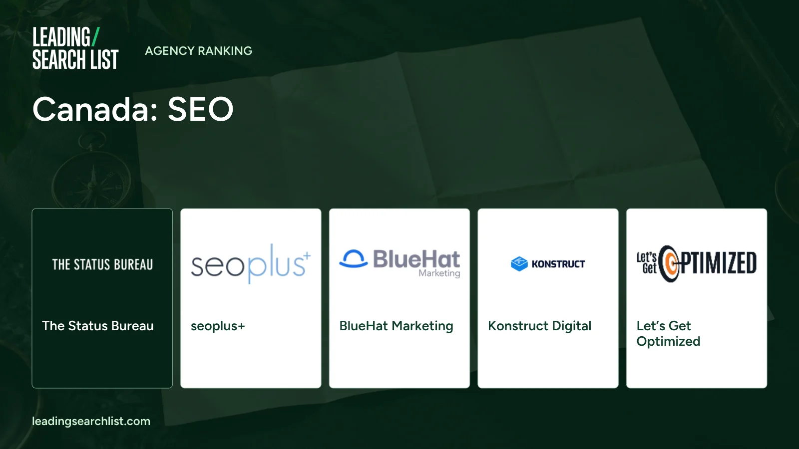 Canada: SEO. Logos shown: The Status Bureau, seoplus+, BlueHat Marketing, Konstruct Digital, Let’s Get Optimized. Leading Search List.
