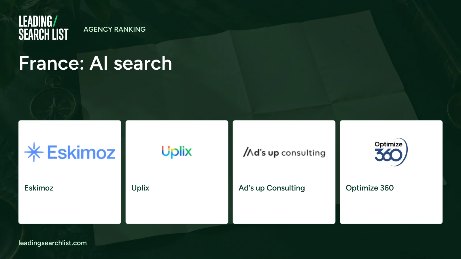 France: AI search. Logos shown: Eskimoz, Uplix, Ad’s up Consulting, Optimize 360. Leading Search List.