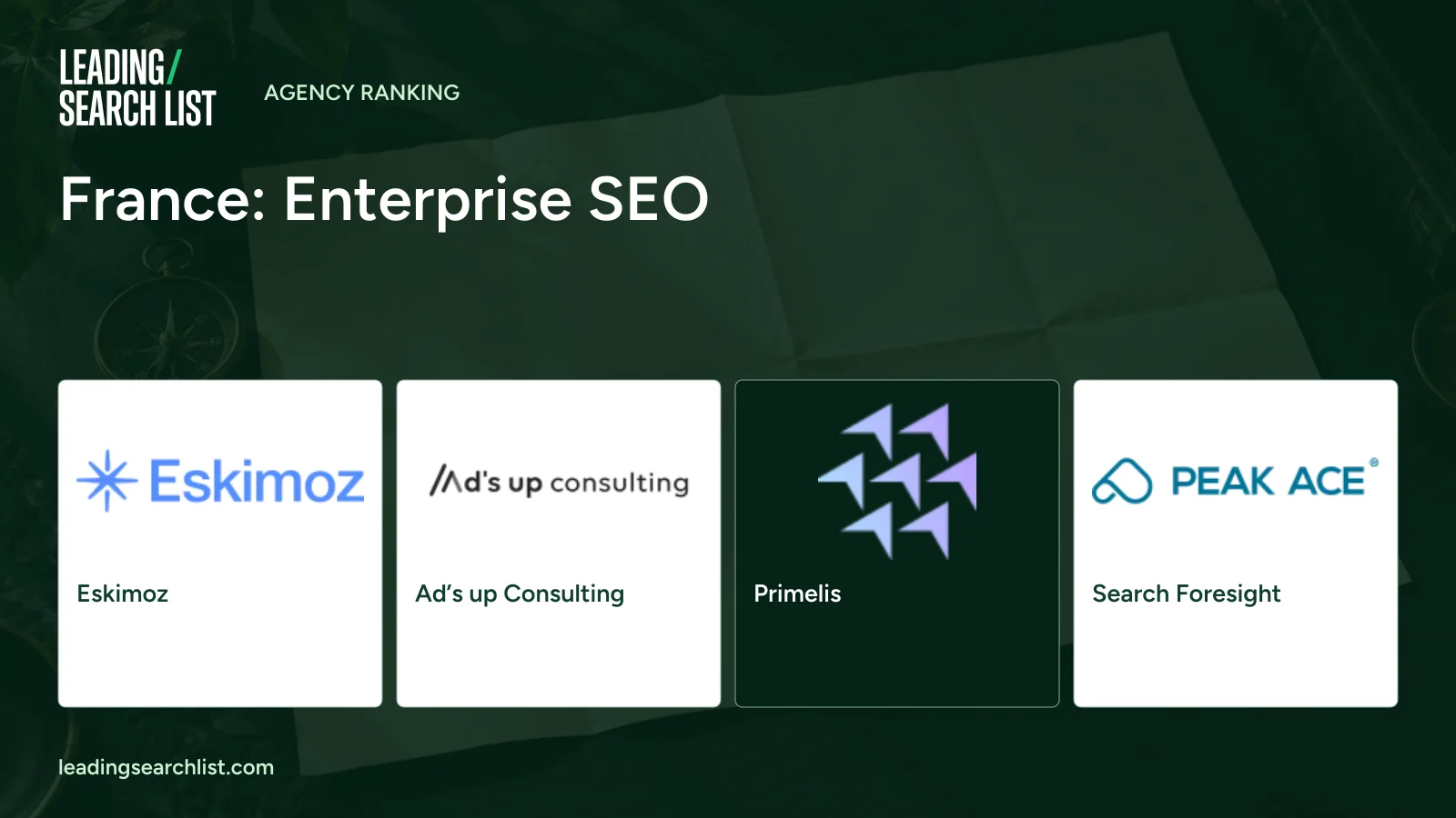 France: Enterprise SEO. Logos shown: Eskimoz, Ad’s up Consulting, Primelis, Search Foresight. Leading Search List.