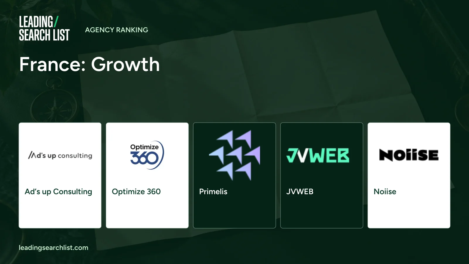 France: Growth. Logos shown: Ad’s up Consulting, Optimize 360, Primelis, JVWEB, Noiise. Leading Search List.