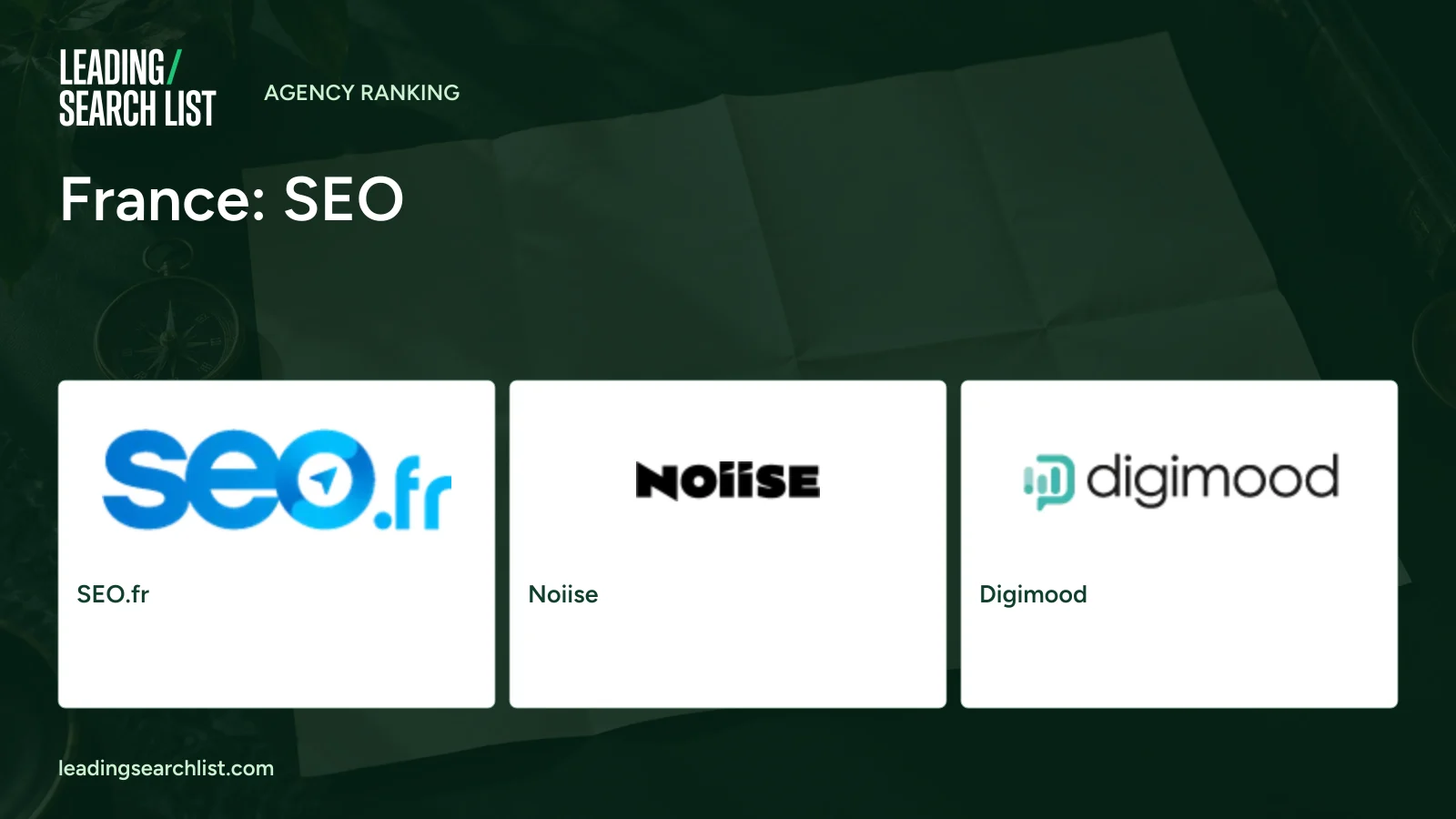 France: SEO. Logos shown: SEO.fr, Noiise, Digimood. Leading Search List.