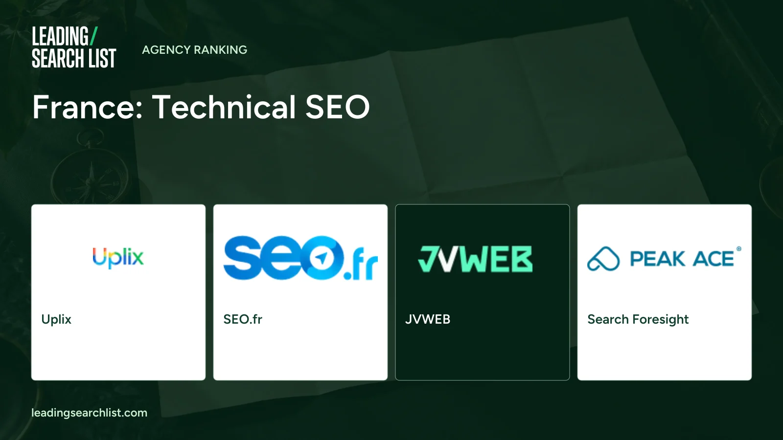 France: Technical SEO. Logos shown: Uplix, SEO.fr, JVWEB, Search Foresight. Leading Search List.