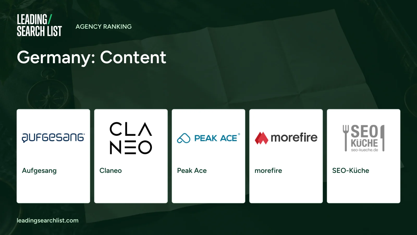 Germany: Content. Logos shown: Aufgesang, Claneo, Peak Ace, morefire, SEO-Küche. Leading Search List.
