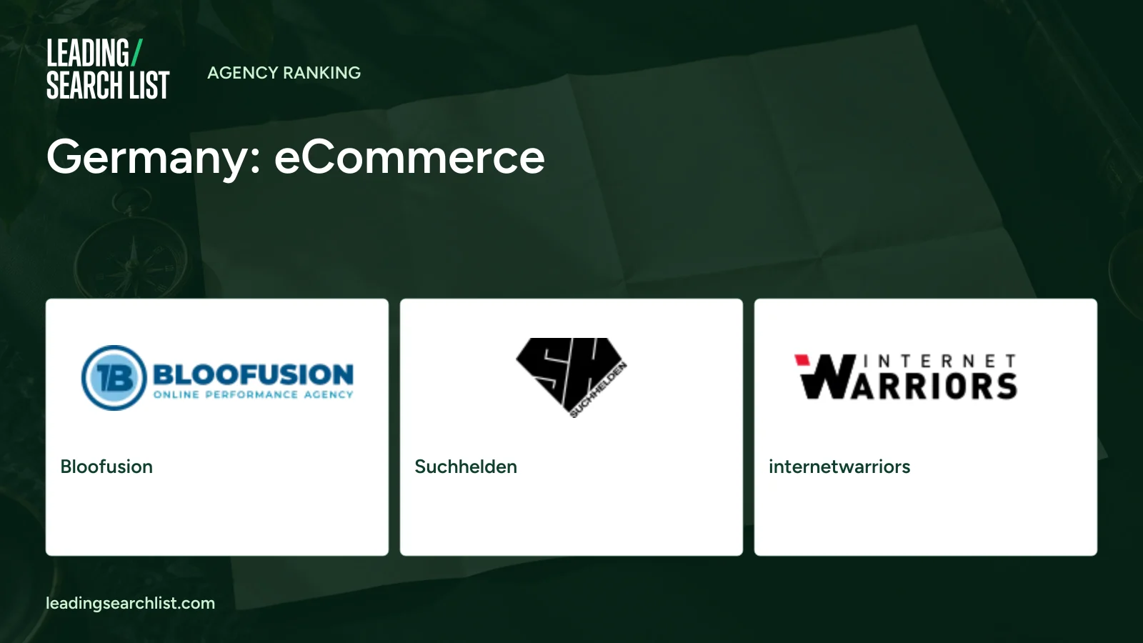 Germany: eCommerce. Logos shown: Bloofusion, Suchhelden, internetwarriors. Leading Search List.