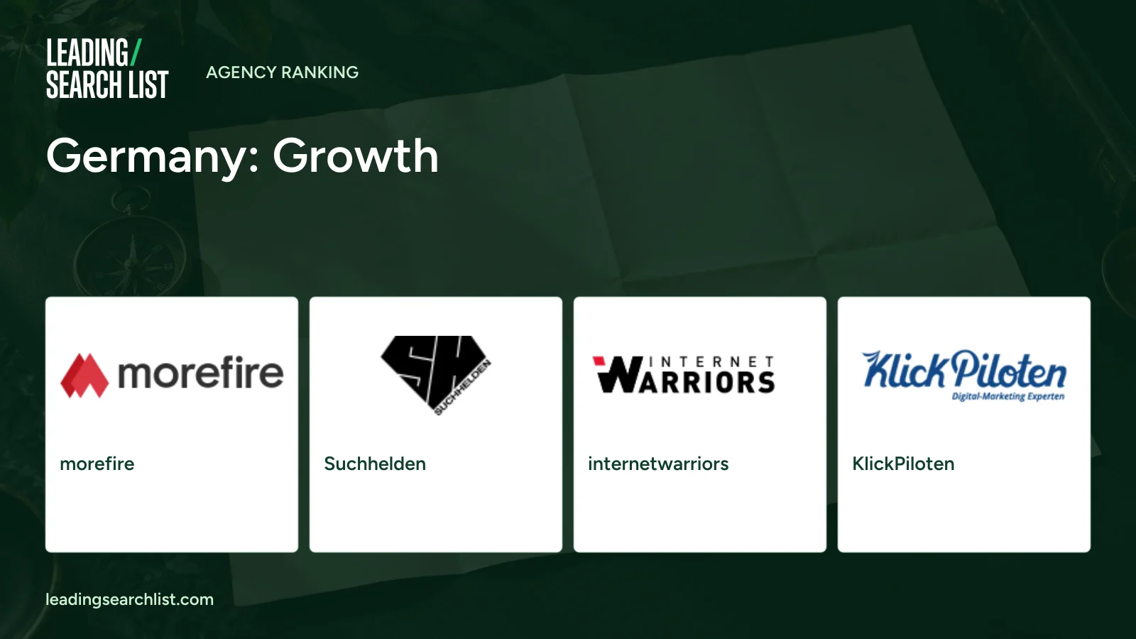 Germany: Growth. Logos shown: morefire, Suchhelden, internetwarriors, KlickPiloten. Leading Search List.