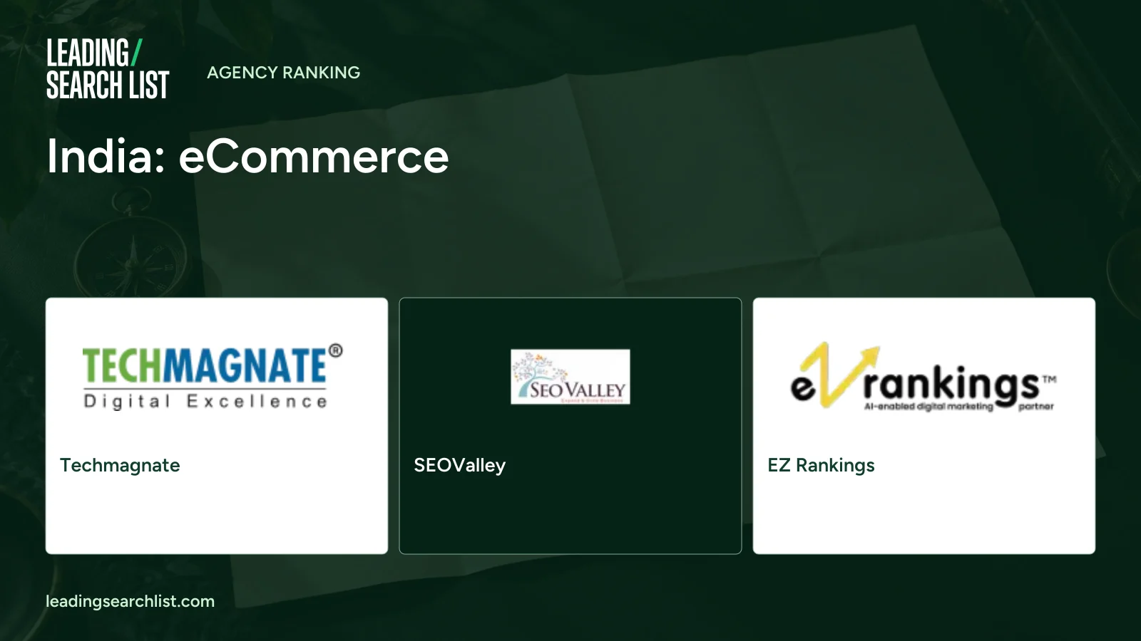 India: eCommerce. Logos shown: Techmagnate, SEOValley, EZ Rankings. Leading Search List.