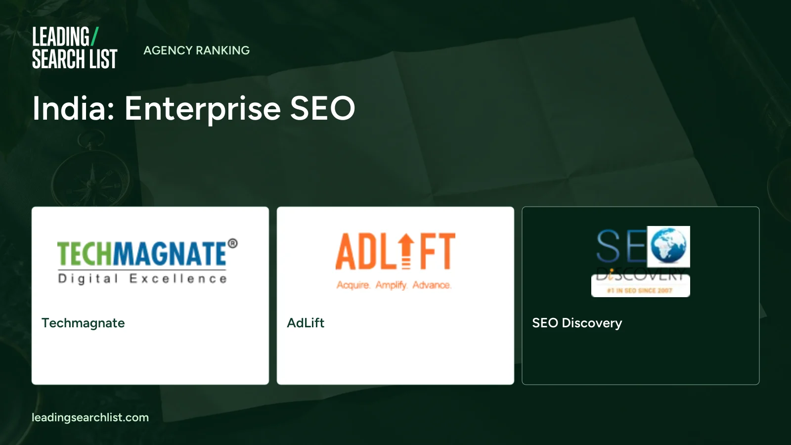 India: Enterprise SEO. Logos shown: Techmagnate, AdLift, SEO Discovery. Leading Search List.