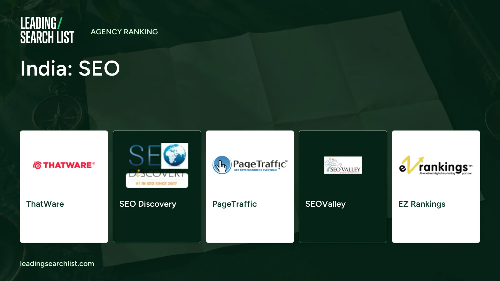 India: SEO. Logos shown: ThatWare, SEO Discovery, PageTraffic, SEOValley, EZ Rankings. Leading Search List.