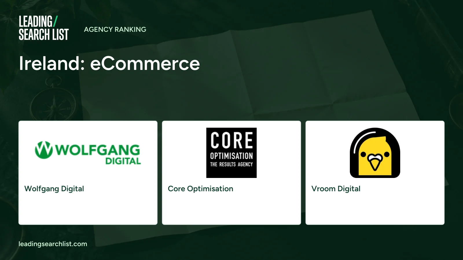 Ireland: eCommerce. Logos shown: Wolfgang Digital, Core Optimisation, Vroom Digital. Leading Search List.