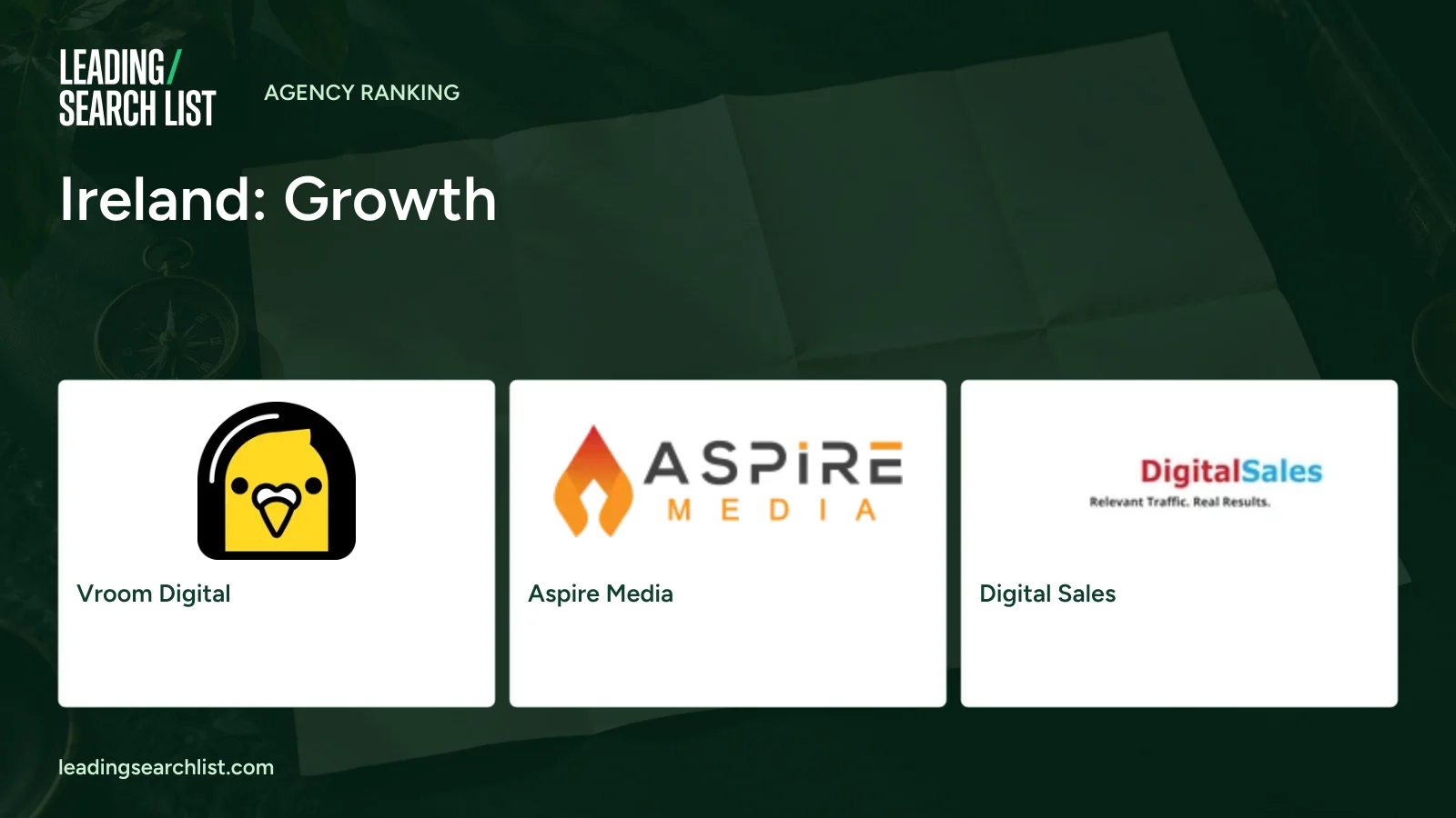 Ireland: Growth. Logos shown: Vroom Digital, Aspire Media, Digital Sales. Leading Search List.