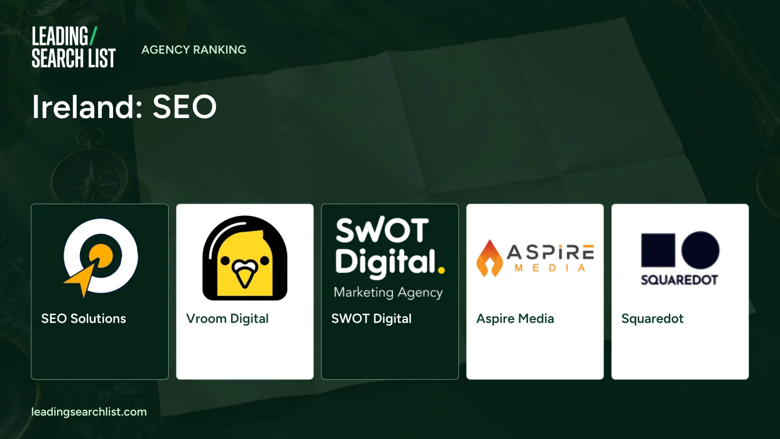 Ireland: SEO. Logos shown: SEO Solutions, Vroom Digital, SWOT Digital, Aspire Media, Squaredot. Leading Search List.