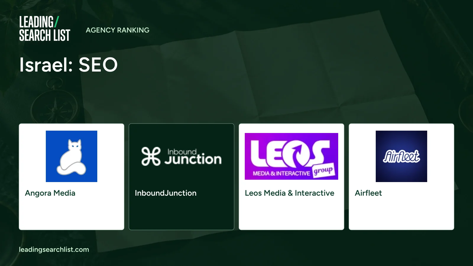 Israel: SEO. Logos shown: Angora Media, InboundJunction, Leos Media & Interactive, Airfleet. Leading Search List.