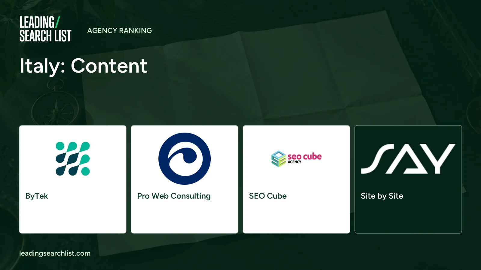 Italy: Content. Logos shown: ByTek, Pro Web Consulting, SEO Cube, Site by Site. Leading Search List.