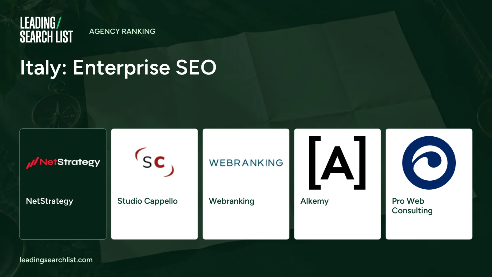 Italy: Enterprise SEO. Logos shown: NetStrategy, Studio Cappello, Webranking, Alkemy, Pro Web Consulting. Leading Search List.
