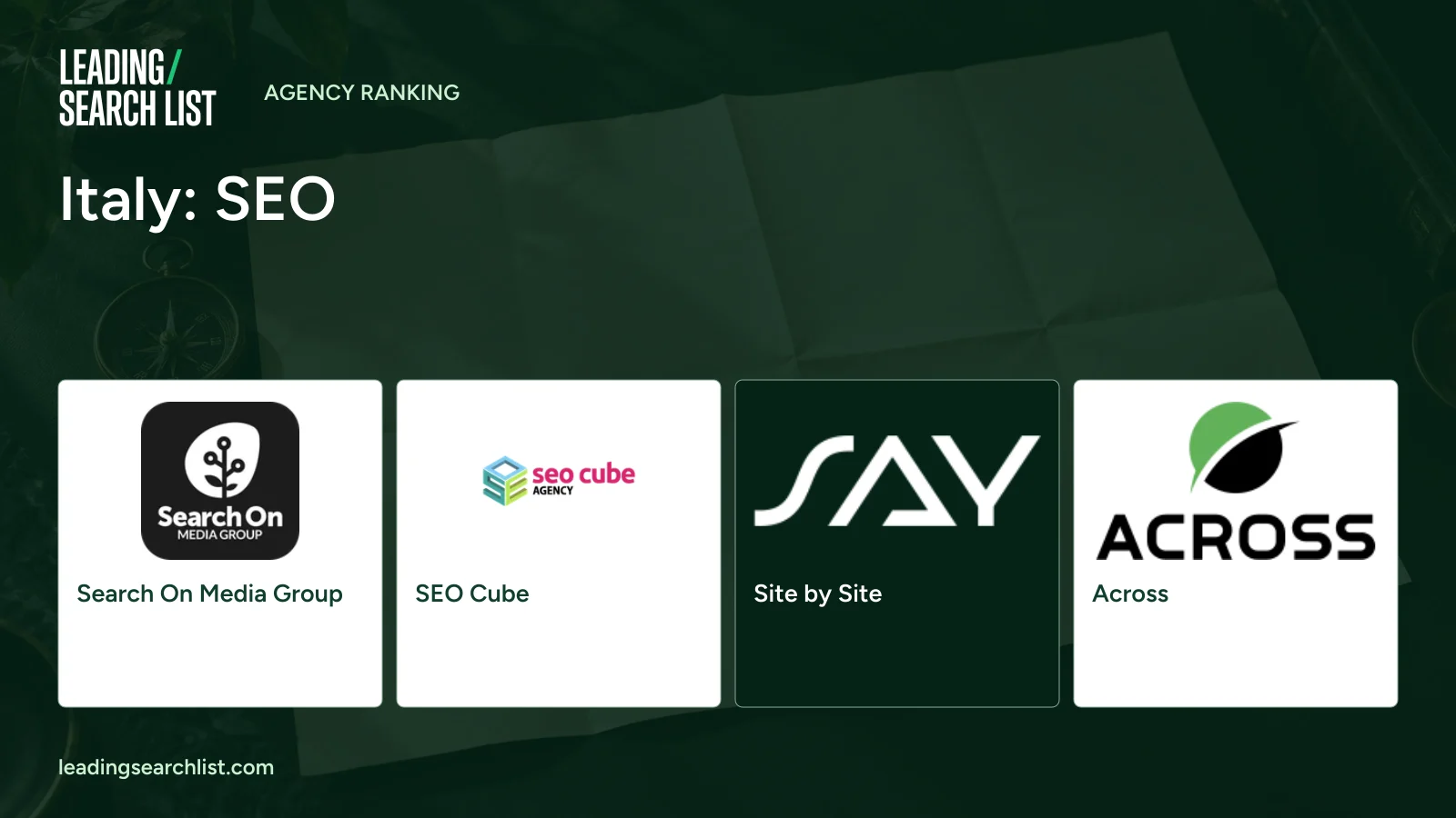 Italy: SEO. Logos shown: Search On Media Group, SEO Cube, Site by Site, Across. Leading Search List.