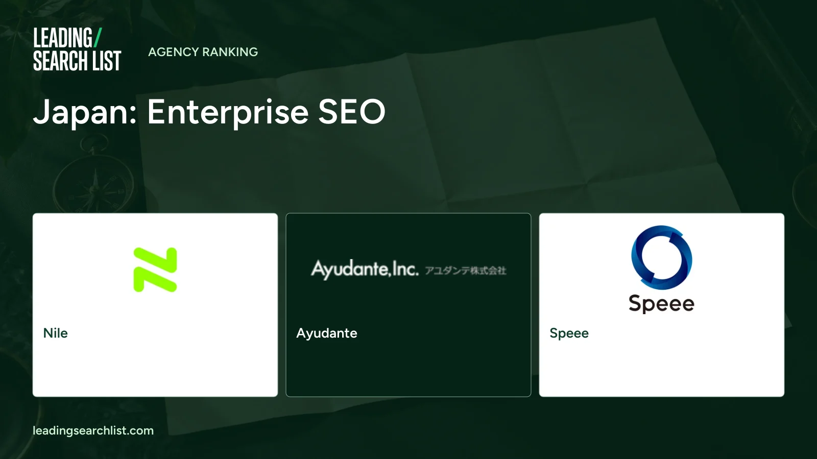 Japan: Enterprise SEO. Logos shown: Nile, Ayudante, Speee. Leading Search List.