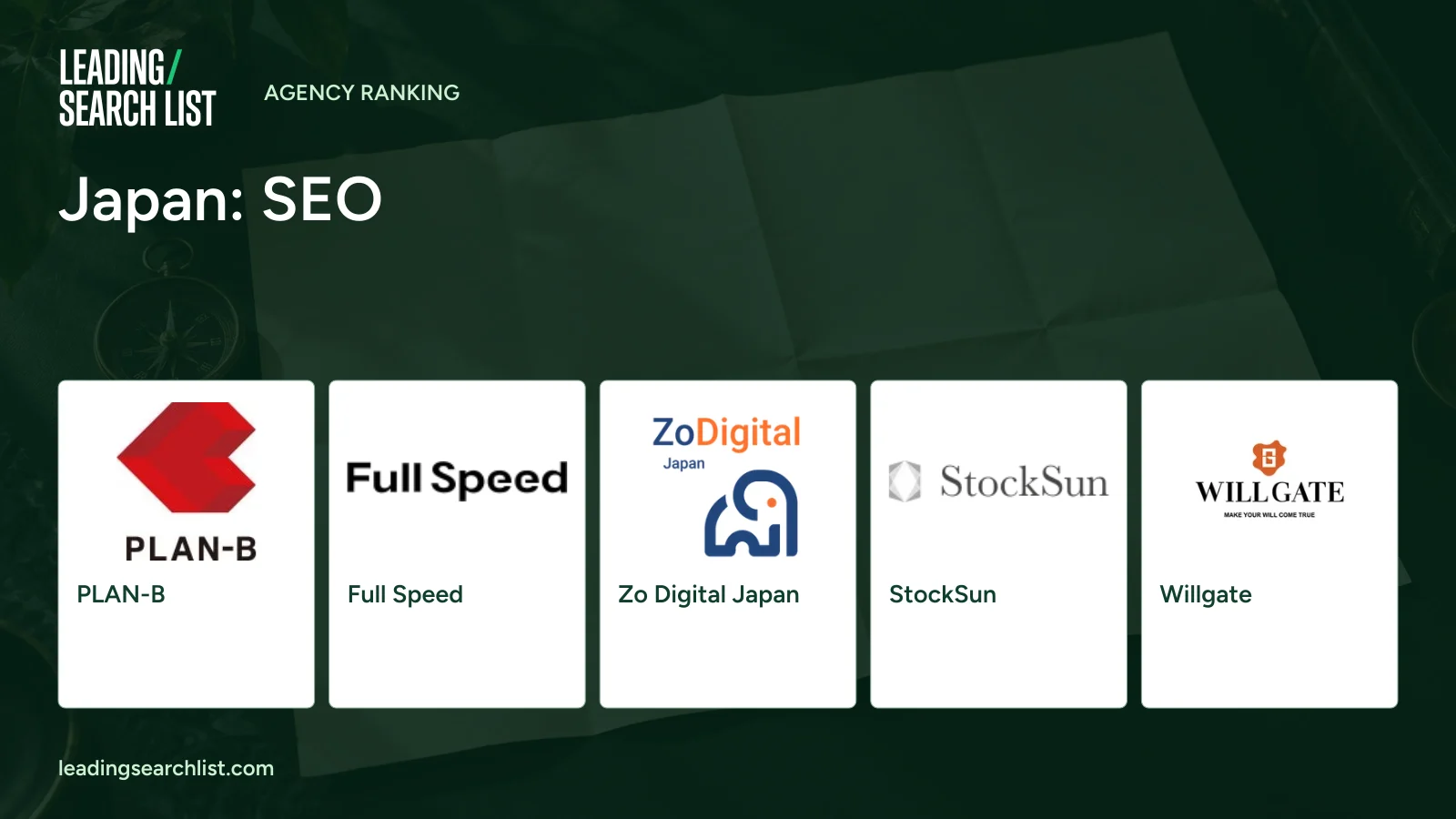 Japan: SEO. Logos shown: PLAN-B, Full Speed, Zo Digital Japan, StockSun, Willgate. Leading Search List.