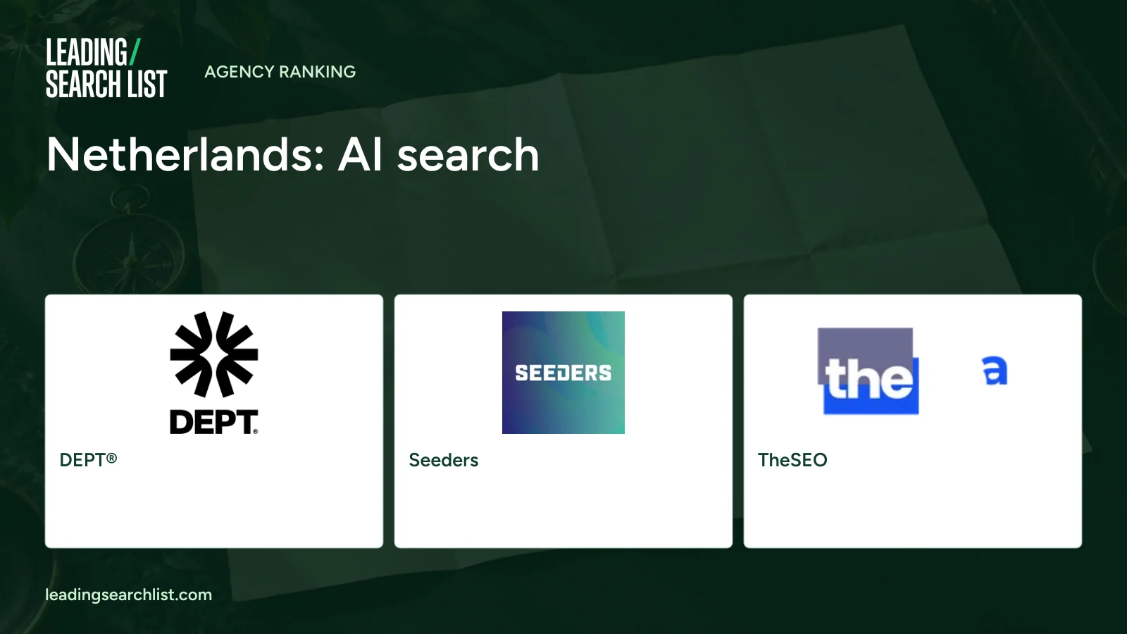 Netherlands: AI search. Logos shown: DEPT®, Seeders, TheSEO. Leading Search List.