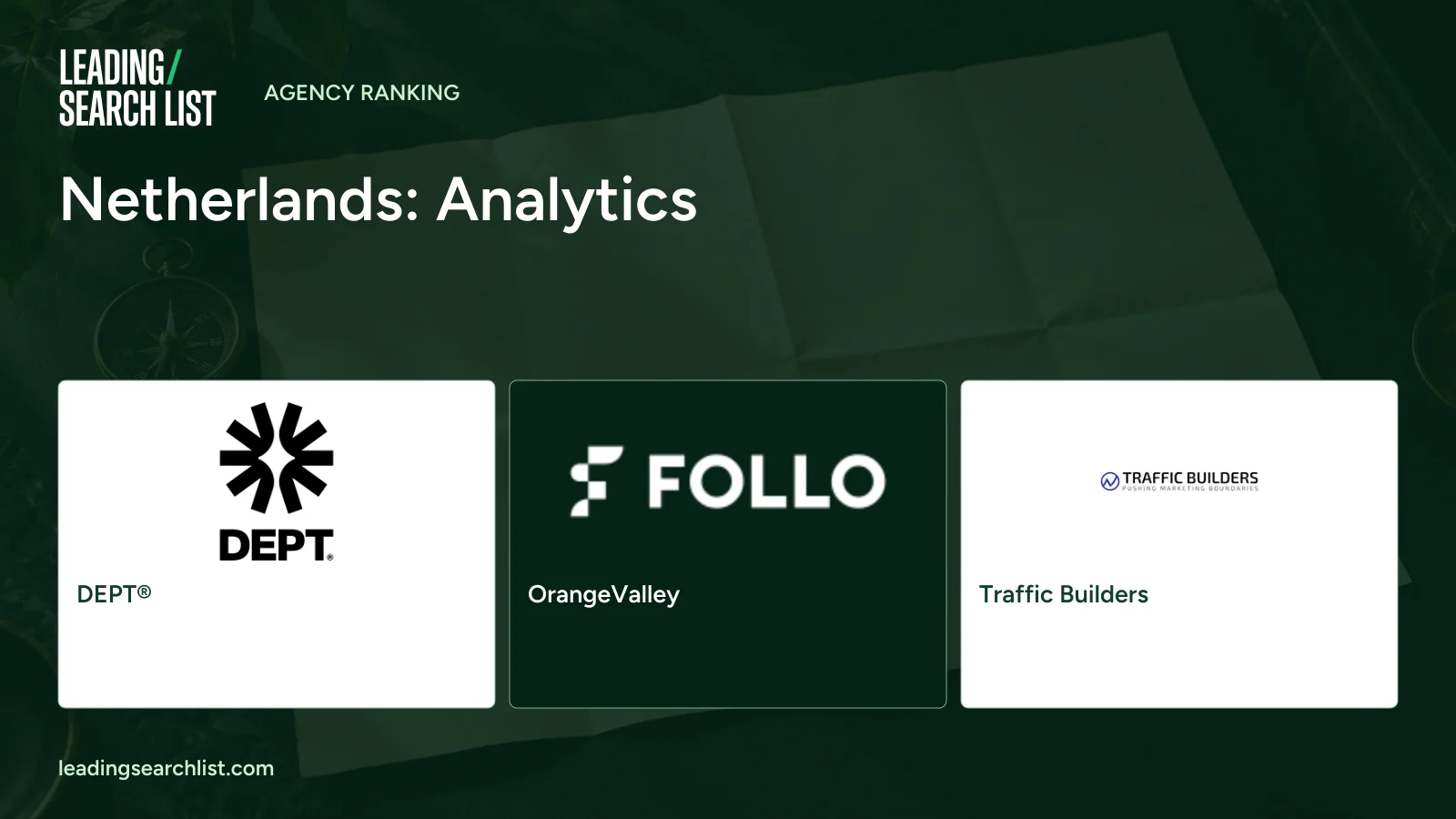 Netherlands: Analytics. Logos shown: DEPT®, OrangeValley, Traffic Builders. Leading Search List.