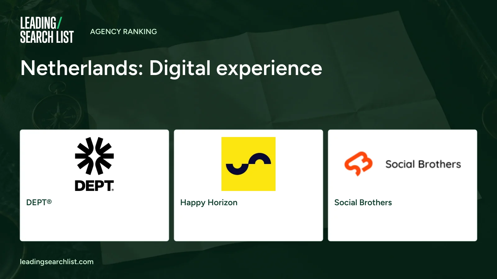 Netherlands: Digital experience. Logos shown: DEPT®, Happy Horizon, Social Brothers. Leading Search List.
