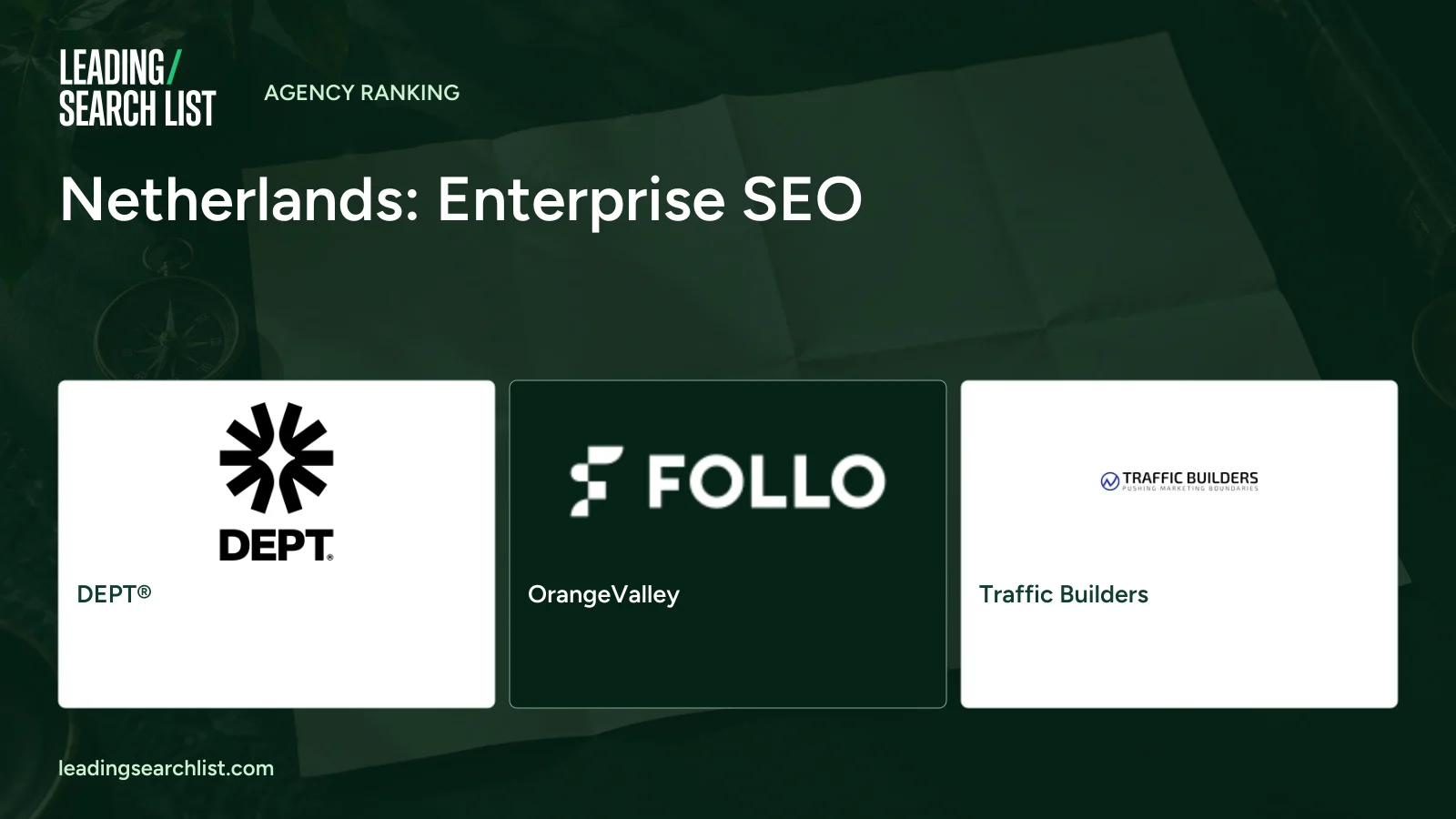Netherlands: Enterprise SEO. Logos shown: DEPT®, OrangeValley, Traffic Builders. Leading Search List.