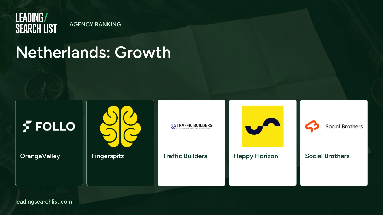 Netherlands: Growth. Logos shown: OrangeValley, Fingerspitz, Traffic Builders, Happy Horizon, Social Brothers. Leading Search List.