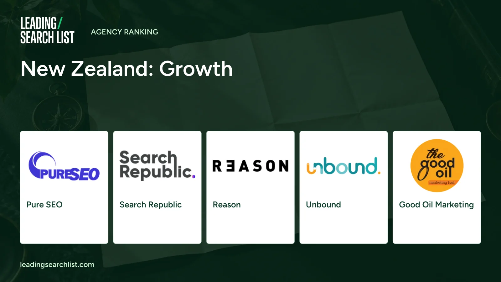 New Zealand: Growth. Logos shown: Pure SEO, Search Republic, Reason, Unbound, Good Oil Marketing. Leading Search List.