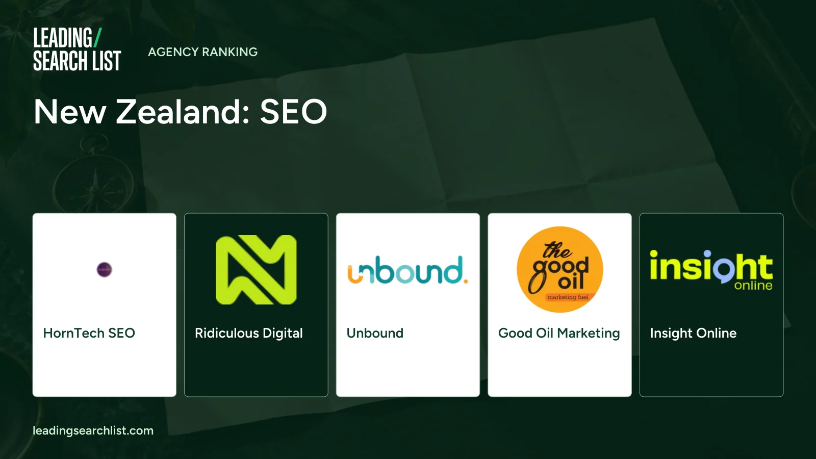New Zealand: SEO. Logos shown: HornTech SEO, Ridiculous Digital, Unbound, Good Oil Marketing, Insight Online. Leading Search List.