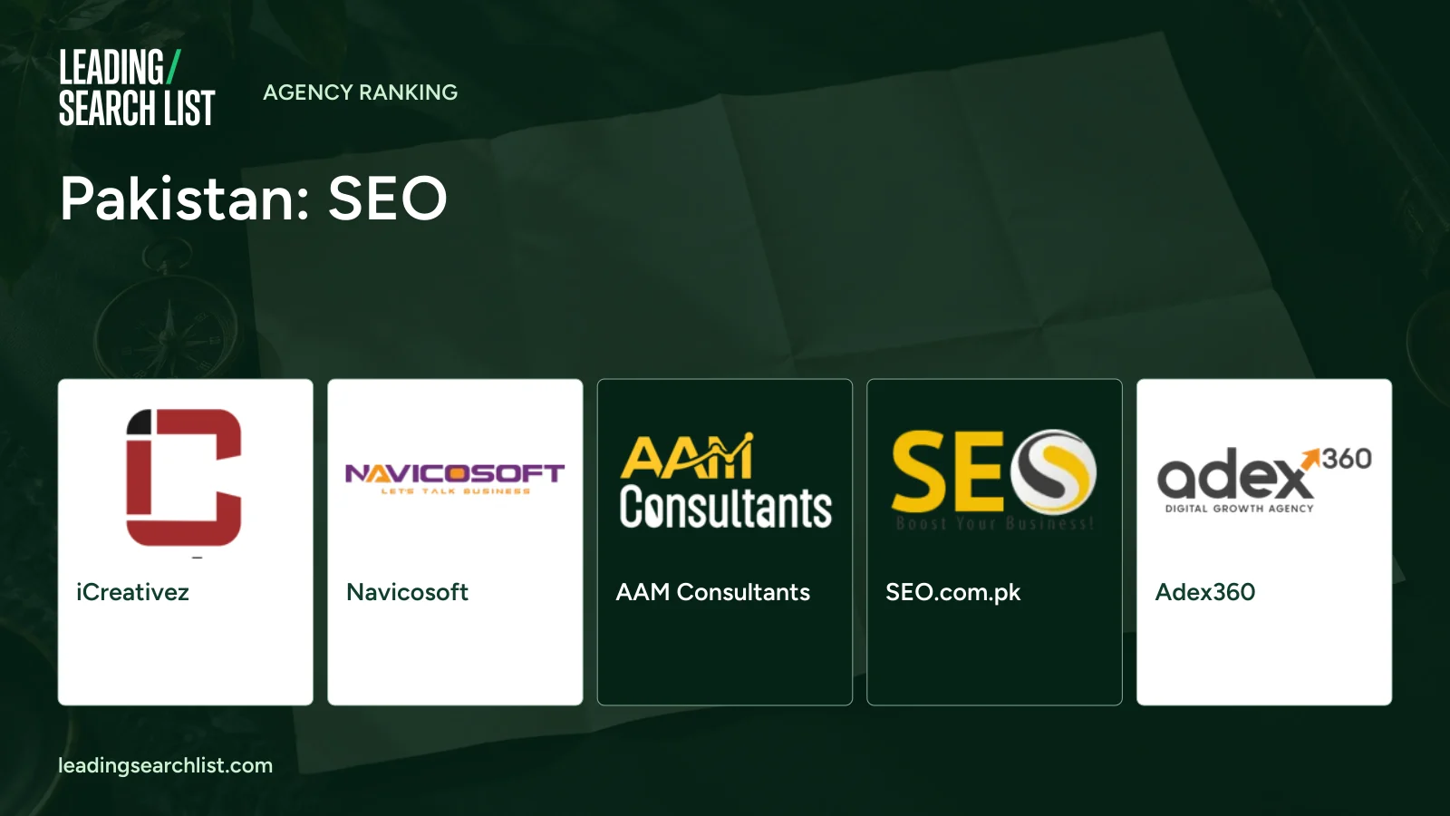 Pakistan: SEO. Logos shown: iCreativez, Navicosoft, AAM Consultants, SEO.com.pk, Adex360. Leading Search List.
